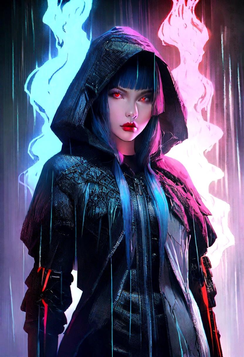 masterpiece, cyborg, The body is glamorous、, Wearing a hood, Shrouded in shadow,Wear an aura , Positano colours, Completely in frame, whole body, Emits electrical energy, whole body, Beautiful girl in beautiful anime waifu style, Ultra-detailed CG paintings, Luminism, Art by Kahn Griffith and Vadim Kashin Concept Art, 8Kresolution, １６ｋresolution、Fractal isometric details、 Bioluminescence , complicatedly detailed , Cinematic, trending on art station Isometric Centered hyper Realistic cover photo awesome full color,  Grainy, Realistic, complicated, Hit definition , Cinematic, Bold, Vibrant, amazing, Super high quality model、Being pelted by rain in the dark、Controlling Lightning、Red eyes、The overall color scheme is based on white and blue.、Realistic