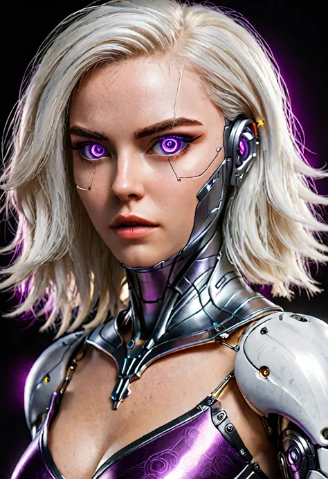 hyperrealistic art zavy-cbrpnk, portrait de mulher branca cyborg mixed, real mesmerizing purple illuminated eyes, long white hai...