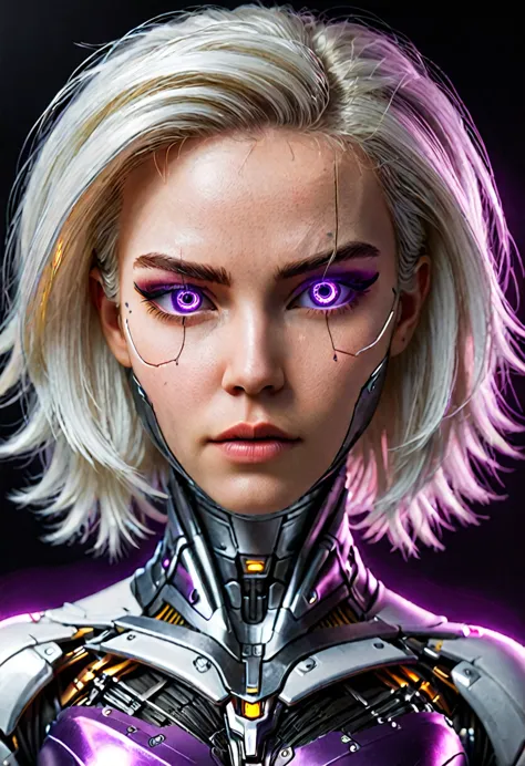 hyperrealistic art zavy-cbrpnk, portrait de mulher branca cyborg mixed, real mesmerizing purple illuminated eyes, long white hai...