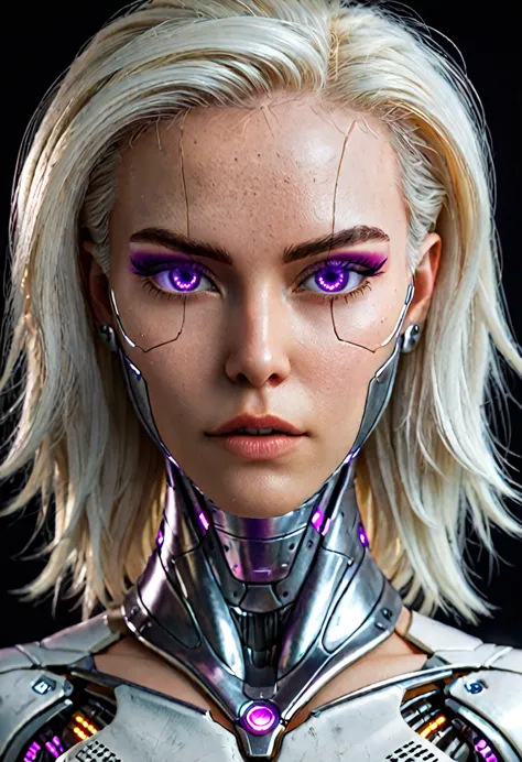 hyperrealistic art zavy-cbrpnk, portrait de mulher branca cyborg mixed, real mesmerizing purple illuminated eyes, long white hai...