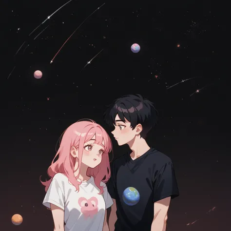 they are поцелуи in front of a galaxy and big planet ночью, big pink planet in the background, поцелуи together cutely, couple п...