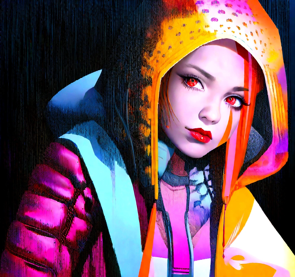 masterpiece, cyborg, The body is glamorous、, Wearing a hood, Shrouded in shadow,Wear an aura , Positano colours, Completely in frame, whole body, Emits electrical energy, whole body, Beautiful girl in beautiful anime waifu style, Ultra-detailed CG paintings, Luminism, Art by Kahn Griffith and Vadim Kashin Concept Art, 8Kresolution, １６ｋresolution、Fractal isometric details、 Bioluminescence , complicatedly detailed , Cinematic, trending on art station Isometric Centered hyper Realistic cover photo awesome full color,  Grainy, Realistic, complicated, Hit definition , Cinematic, Bold, Vibrant, amazing, Super high quality model、Being pelted by rain in the dark、Controlling Lightning、Red eyes、The overall color scheme is based on white and blue.、Realistic