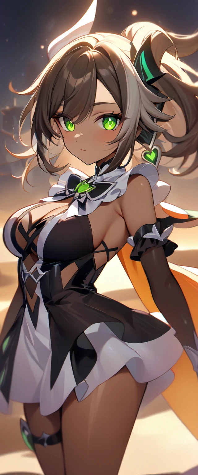 (masterpiece), best quality, expressive eyes, perfect face,1girl,score_9,score_8_up,score_7_up, arm_behind_back, brown_hair, cropped_legs, dark-skinned_female, detached_sleeves, green_eyes,brown hair, grey hair streak, hair_ornament, highres, looking_at_viewer, female_focus, multicolored_hair,orange cape,outstretched hand,sethos_\(genshin_impact\), solo, tassel,long_hair, big breasts,cleavage,cowboy shot,desert village,night,(magical girl:1.7),magical girl costume,(elegant dress:1.5),thigh strap,looking at viewer