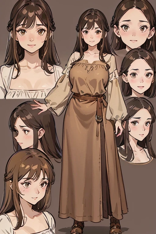 A selection of various facial expressions, straight haired brunette adult female wearing loose brown dress, warm brown colored shirt with low neckline and cuffed sleeves, medieval, brown hair, large long shaped , silly personalty, cute happy demeanor, sunny disposition, deredere, character sprite sheeet, reference sheet, model sheet