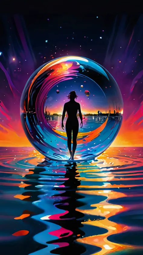 vivid colors radiate from the glass sphere, partially submerged in water, night, performer