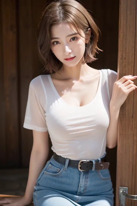 One Mature Woman、50 year old mature woman、large chest of rounded shape,,、Troubled face、Wet white t-shirt and jeans、、Light brown ...