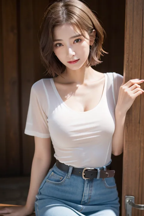 one mature woman、50 year old mature woman、large chest of rounded shape,,、troubled face、wet white t-shirt and jeans、、light brown ...