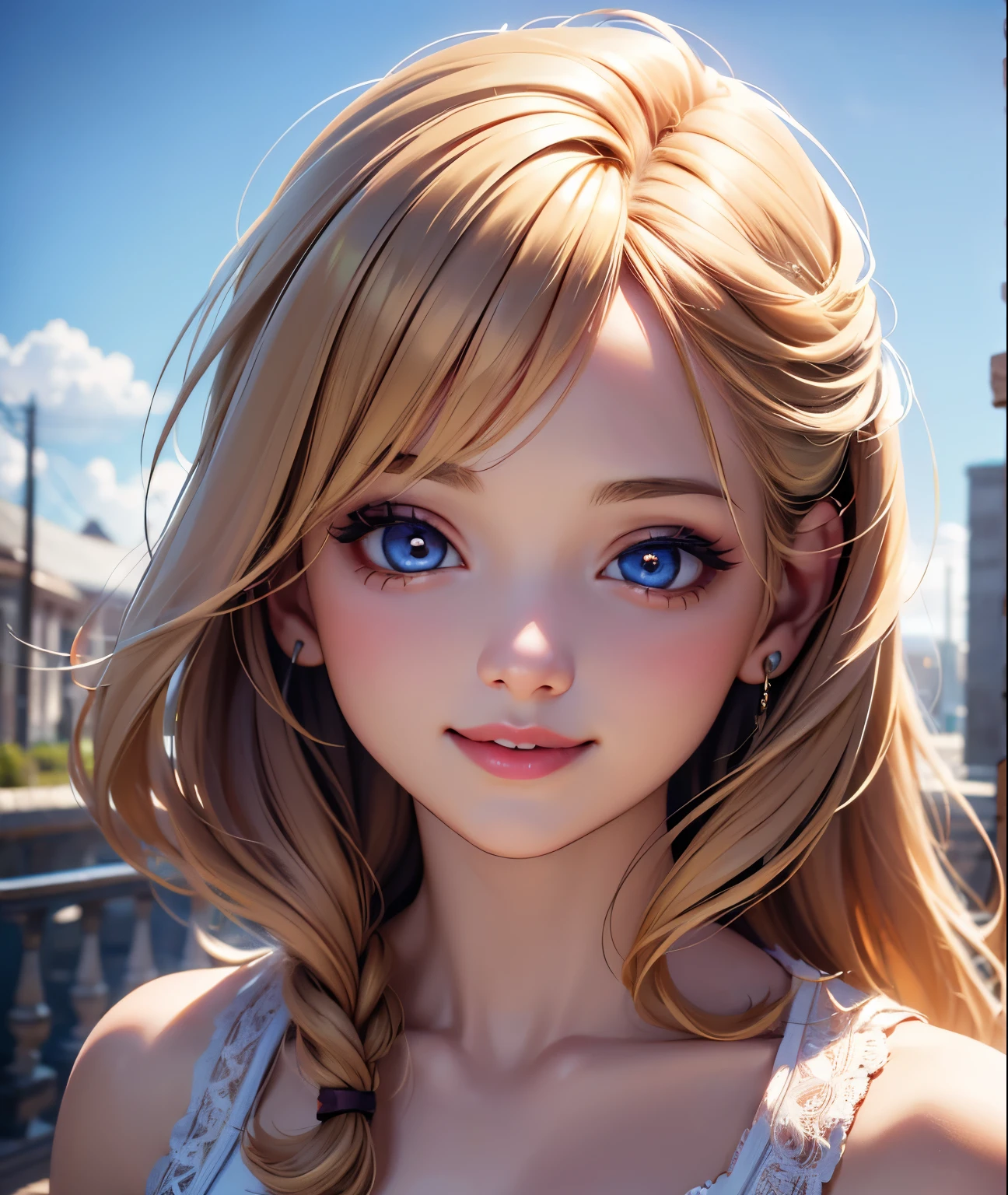 Young and cheerful girl, smiling, morning landscape, beautifully detailed eyes, beautifully detailed lips, highly detailed eyes and face, long eyelashes, blonde hair, smiling, (Highest Quality, 4k, 8k, High Resolution, Masterpiece: 1.2), Ultra Detailed, (Realistic, Photorealistic, Photorealistic: 1.37), HRD, UHD, Studio Lighting, Ultra Fine Painting, Sharp Focus, Physically Based Rendering, Highly Detailed, Professional, Vivid Colors, Natural Light