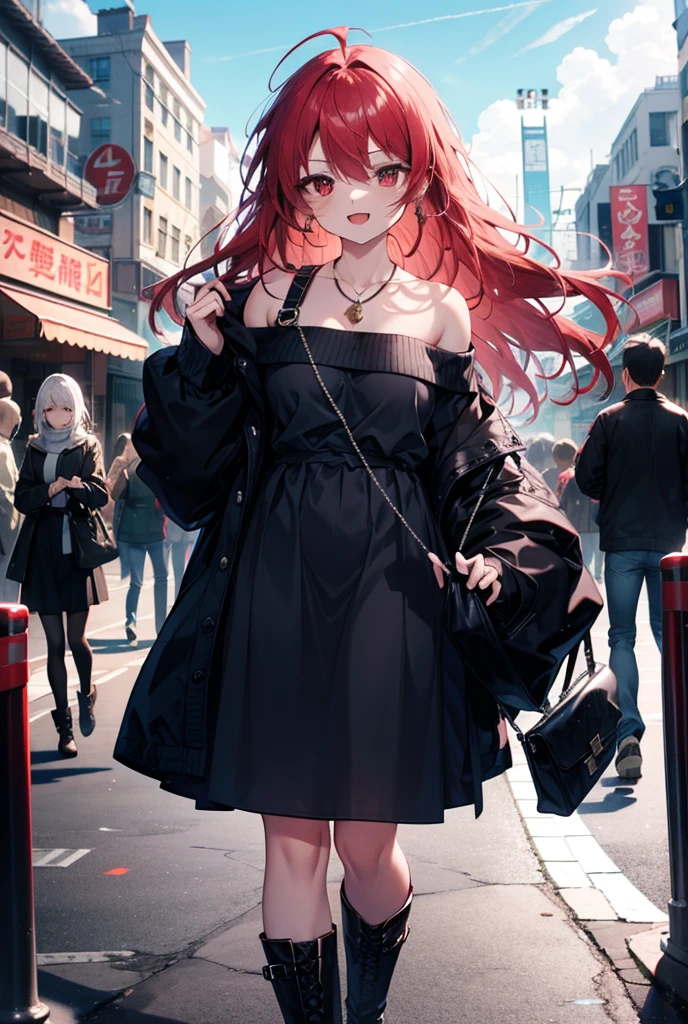 Shana,Shakugan no Shana,lange Haare, Rote Haare, rote Augen,ahoge,happy lächeln, lächeln, Öffne deinen Mund,Übergroßer schulterfreier Pullover,nackten Schultern,bloßes Schlüsselbein,Bare neck,Medaillon-Halskette,schwarzer langer Rock,kurze Stiefel,Tageszeit,Sonnig,gehen,ganzer Körperがイラストに入るように, brechen outdoors, Gebäudeviertel, brechen looking at viewer, ganzer Körper, brechen (Meisterwerk:1.2), höchste Qualität, Hohe Auflösung, Einheit 8k Hintergrundbild, (Form:0.8), (Schöne Liebe zum Detail:1.6), sehr detailliertes Gesicht, Perfekte Beleuchtung, Hochdetaillierte CG, (perfekte Hände, Perfekte Anatomie),