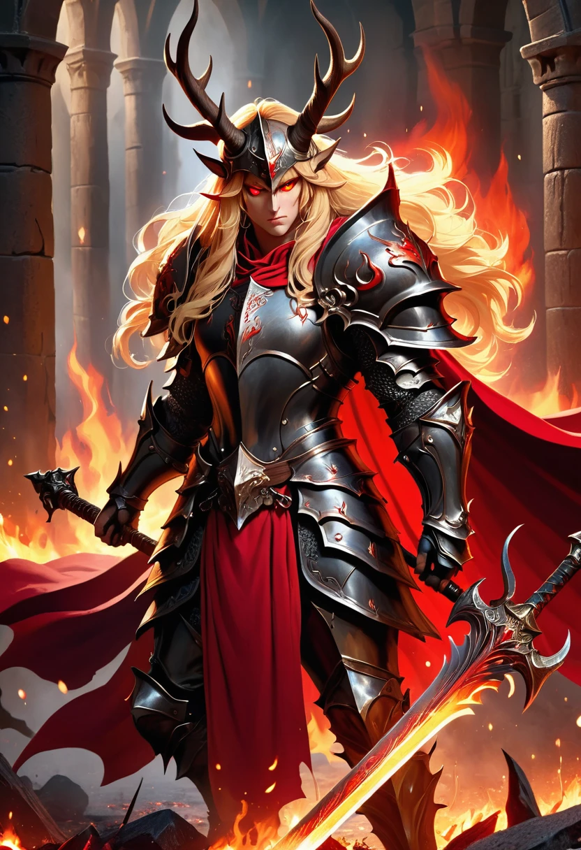 Masterpiece, exquisite and detailed, 8k, high resolution, merdieval fantasy, warrior, long blonde hair, light red eyes, muscular body, helmet with horns, black armor with red cape, carving of a red deer on the breastplate of the armor, standing with the flaming sword stuck on the ground, chaotic dungeon with blood scattered and fire
