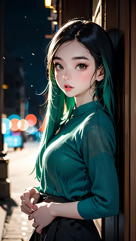Standing in front of a wall、Asian woman in her fifties with long green hair, beautiful Asian Girl, Korean Girls, Asian Girl, Bea...