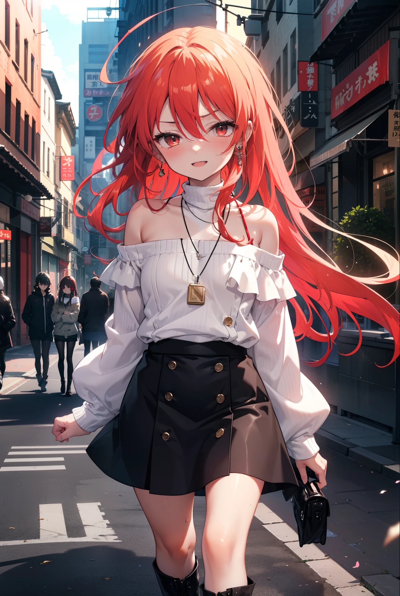 Shana,Shakugan pas Shana,cheveux longs, cheveux roux, les yeux rouges,ahogé,happy sourire, sourire, Ouvrez la bouche,Pull oversize à épaules dénudées,Épaules nues,clavicule nue,Cou nu,collier médaillon,jupe longue noire,bottes courtes,jour,ensoleillé,marche,tout le corpsがイラストに入るように, casser outdoors, Quartier du bâtiment, casser looking at viewer, tout le corps, casser (chef-d&#39;œuvre:1.2), la plus haute qualité, haute résolution, unité 8k fond d&#39;écran, (forme:0.8), (Belle attention aux détails:1.6), Visage très détaillé, éclairage parfait, CG très détaillé, (des mains parfaites, Anatomie parfaite),