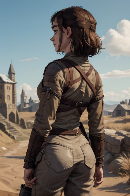 8k, Maisie Williams face, pale skin, toned abs, small breast, round ass, her round ass visible, brown hair, Maisie Williams as Arya Stark, torn ragged peasant clothes, standing stance, winterfell in background, back View