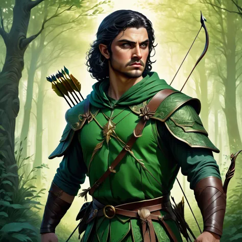 a thief in a green tunic, intricate detailed costume, medieval era, fantasy forest, high quality, cinematic lighting, vibrant co...