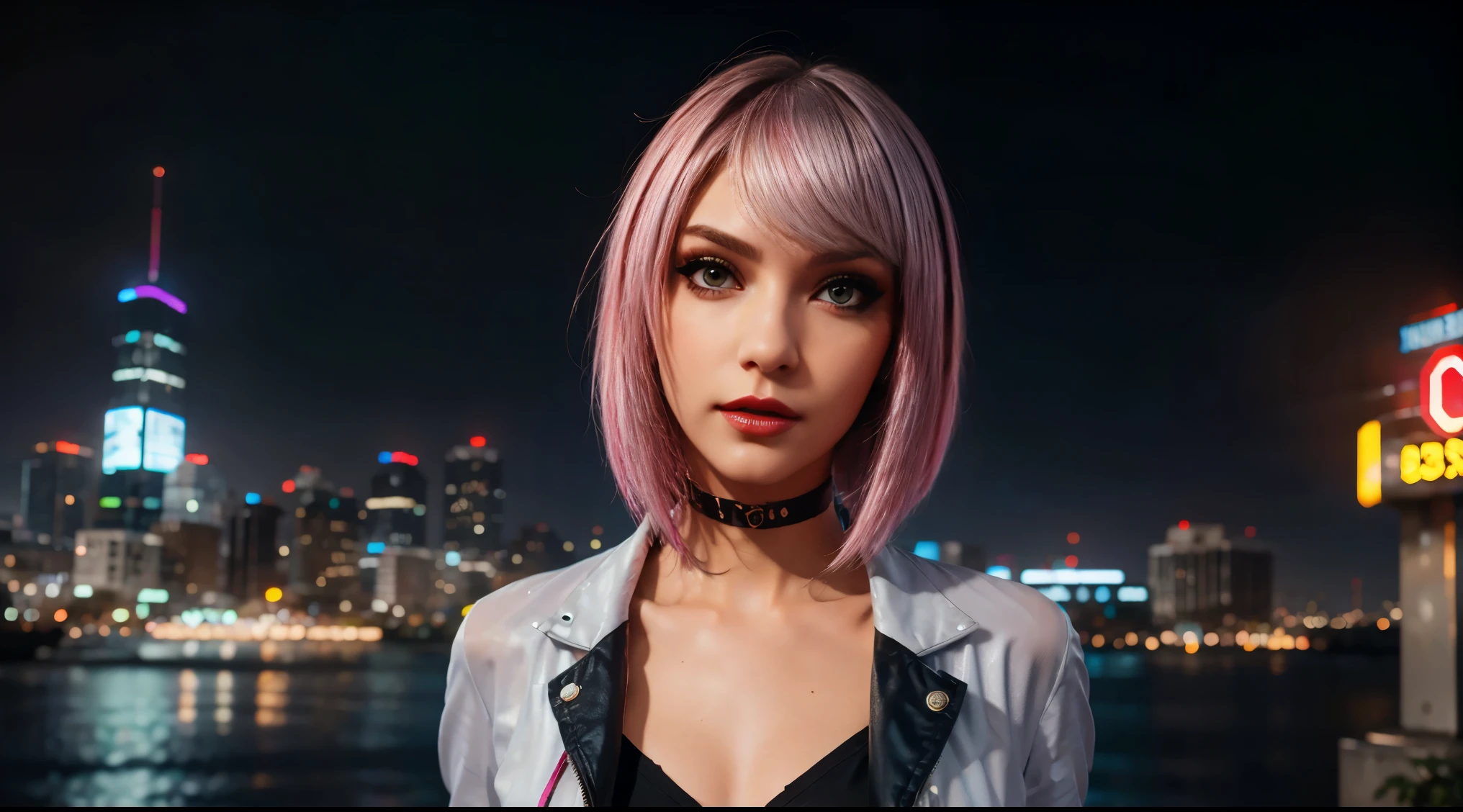 lucy \(cyberpunk\), 1girl,  hair scrunchie, hime cut, silver hair, colored tips, full moon, grey eyes, jacket, long sleeves, looking at viewer, medium hair, multicolored hair, parted bangs, parted lips, pink hair, portrait, red eyeliner, red lips, solo, white jacket, cyberpunk \(series\), rainy night in a cyberpunk city with glowing neon lights

 