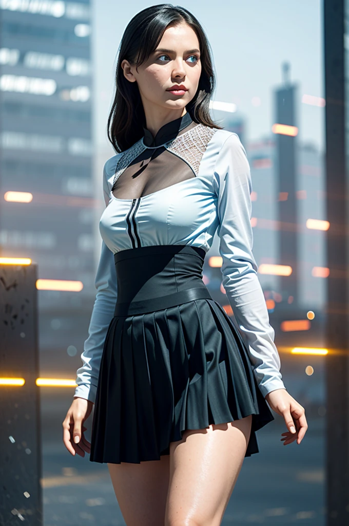 a professional photo of Jill Valentine woman, wearing a long sleeve tulle mesh white blouse, pleated black skirt, attractive standing in the outside of abandoned city sunbathing,  (ultra detailed skin), moles, (perfect eyes), (((perfect hands))), (hourglass waist:1.3), (photorealistic:1.2), 8k, dslr, bokeh