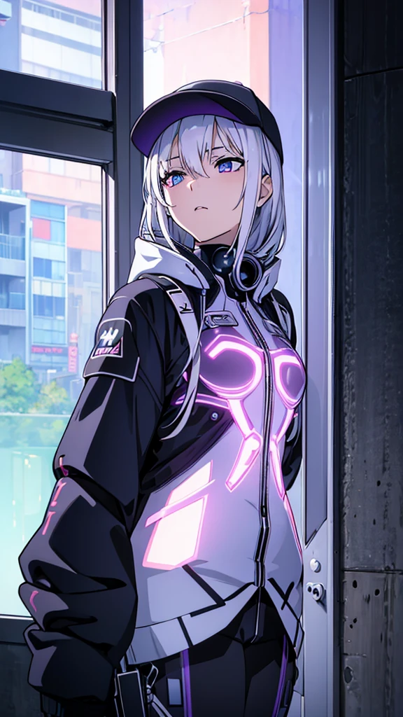 masterpiece, best quality, 4k, UHD, mishoujo, beautiful eyes and detailed face, illustration, beautiful detailed, high resolution illustration, glowing_white_particles, 1girl, white hair, light purple eye, hair over one eye, short side tail, baseball cap, expressionless, window shade, black jacket, chest rig, cyberpunk, techwear, (Impressionism:1.4), mid body portrait, cyberpunk city background, back against the wall, looking over the other side