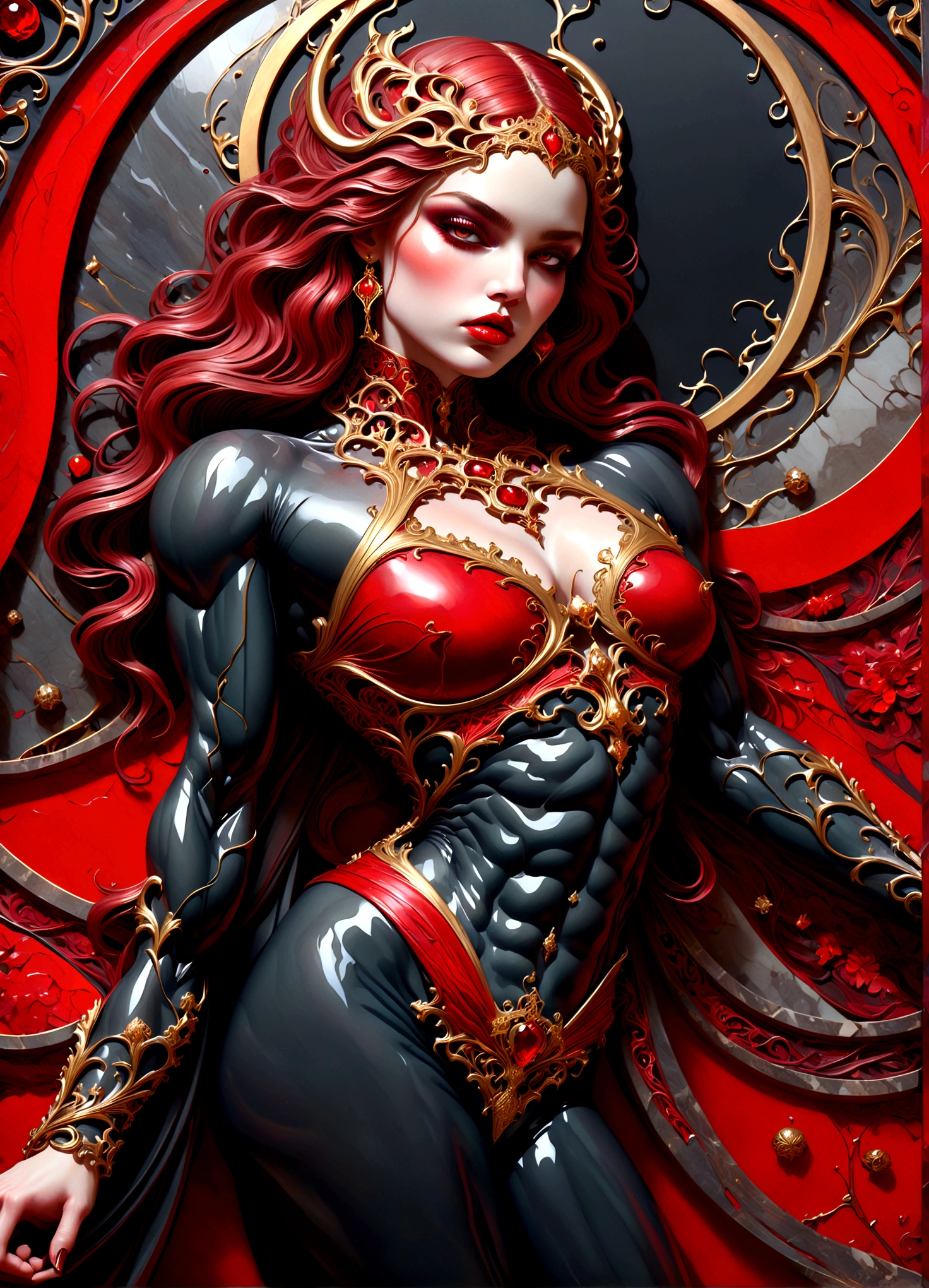  beautiful illustration of a very muscular vampire girl in an abstract marble texture with a tarot style frame, with colors of obsidian black, shiny gold, and ruby red, highly detailed, intricate design, BY Anne Bachelier,