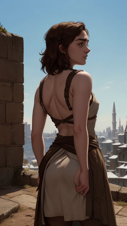 8k, Maisie Williams face, pale skin, toned abs, small breast, round ass, her round ass visible, tied long brown hair, Maisie Williams as Arya Stark, torn ragged peasant dress, standing stance, winterfell city in background, back View, sharp focus on her ass