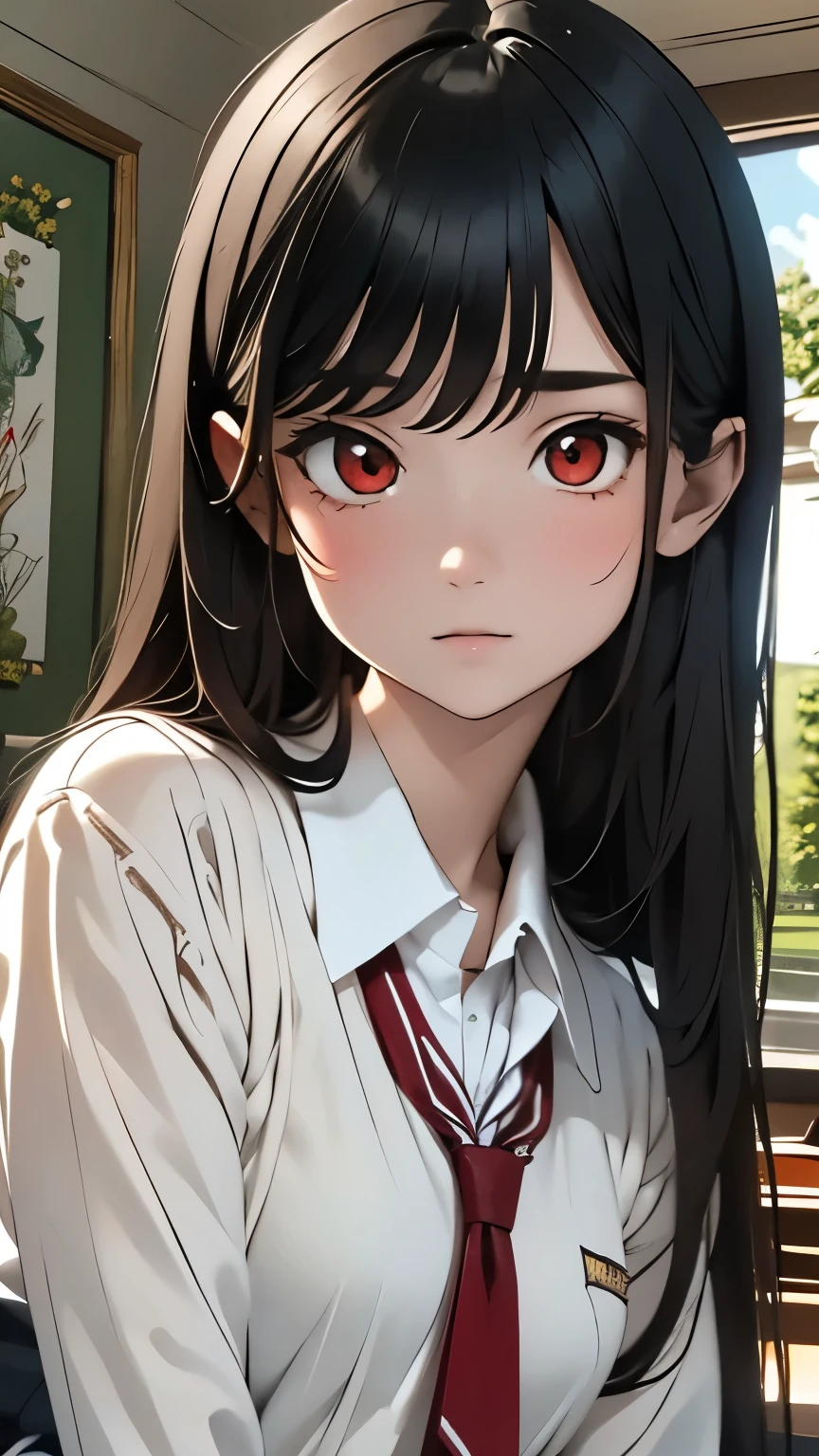 (Surreal), (8K), (Very detailed), (Best illustrations), (Beautiful attention to detail), (Highest quality), (Super detailed), (masterpiece), (wallpaper), (Detailed face), alone, (school uniform: 1.3), Looking at the audience, Exquisite detail, Black Hair, Long Hair, Red eyes, (whole body: 1.1)