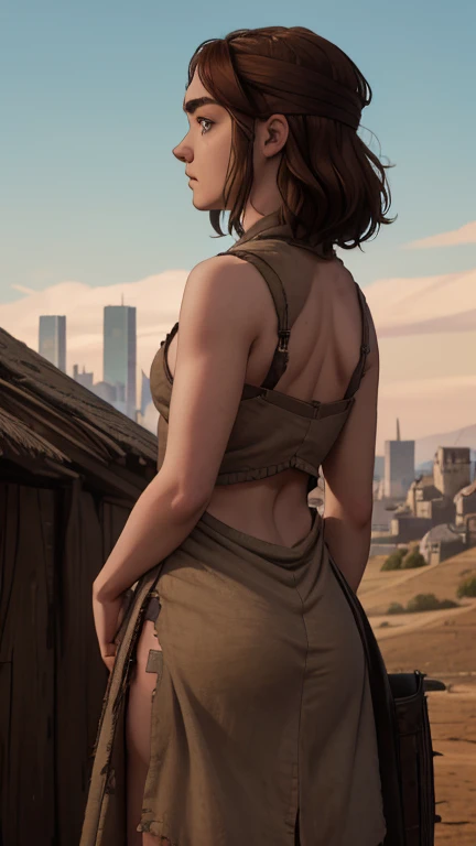 8K, Rosto de Maisie Williams, pele pálida, Abdominais tonificados, peito pequeno, bunda redonda, her bunda redonda visible, cabelo castanho comprido amarrado, Maisie Williams como Arya Stark, vestido de camponês rasgado e esfarrapado, postura em pé, cidade de Winterfell ao fundo, vista traseira, foco nítido na bunda dela