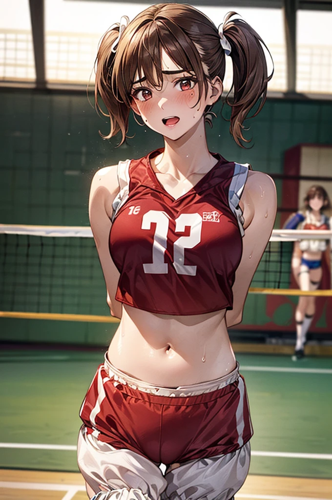 ((Perfect Anatomy, Anatomically correct, Very detailed肌)), (Crotch rope walking:1.0), 1 Girl, Day in Japanese, , Volleyball Player, Shiny skin, Take in the view, 
Beautiful Hair, Beautiful Face, Beautiful attention to detail, Brown eyes, (short hair:1.4, Twin tails:1.7), Baby Face, Mole under the eye, 
Beautiful clavicle, Beautiful body, Beautiful breasts, Beautiful thighs, Beautiful feet, Large Breasts:0.5, Captivating thighs, Camel Toe, Bare arms, bare hands, Bottomless, BREAK, 
((Symmetrical Clothing Metallic)), (((Bloomers:1.3), (Crop top:1.1), Sleeveless volleyball uniform)), 
((Brown rope)), shibari:1.5, (Tying over clothes), ((Put your arms behind your back:1.4, ) Crotch rope), Chest Bondage, Arm binding, 
((Embarrassing, Open your mouth, Sweaty)), 
(Beautiful views), evening, Day, ((volleyball gymnasium, Volleyball court)), 
(8k, Highest quality, masterpiece​:1.2, Very detailed), (Realistic:1.2), Beautiful illustrations, Cinema Lighting,