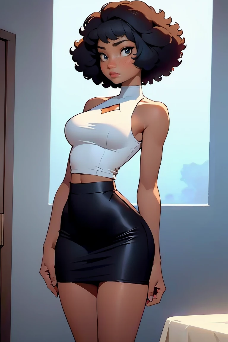 afro american girl, dark skin, behind view, afro haircut, 1 girl, solo, (black pencil skirt) (tank top), sleveless, medium perky , wide hips
