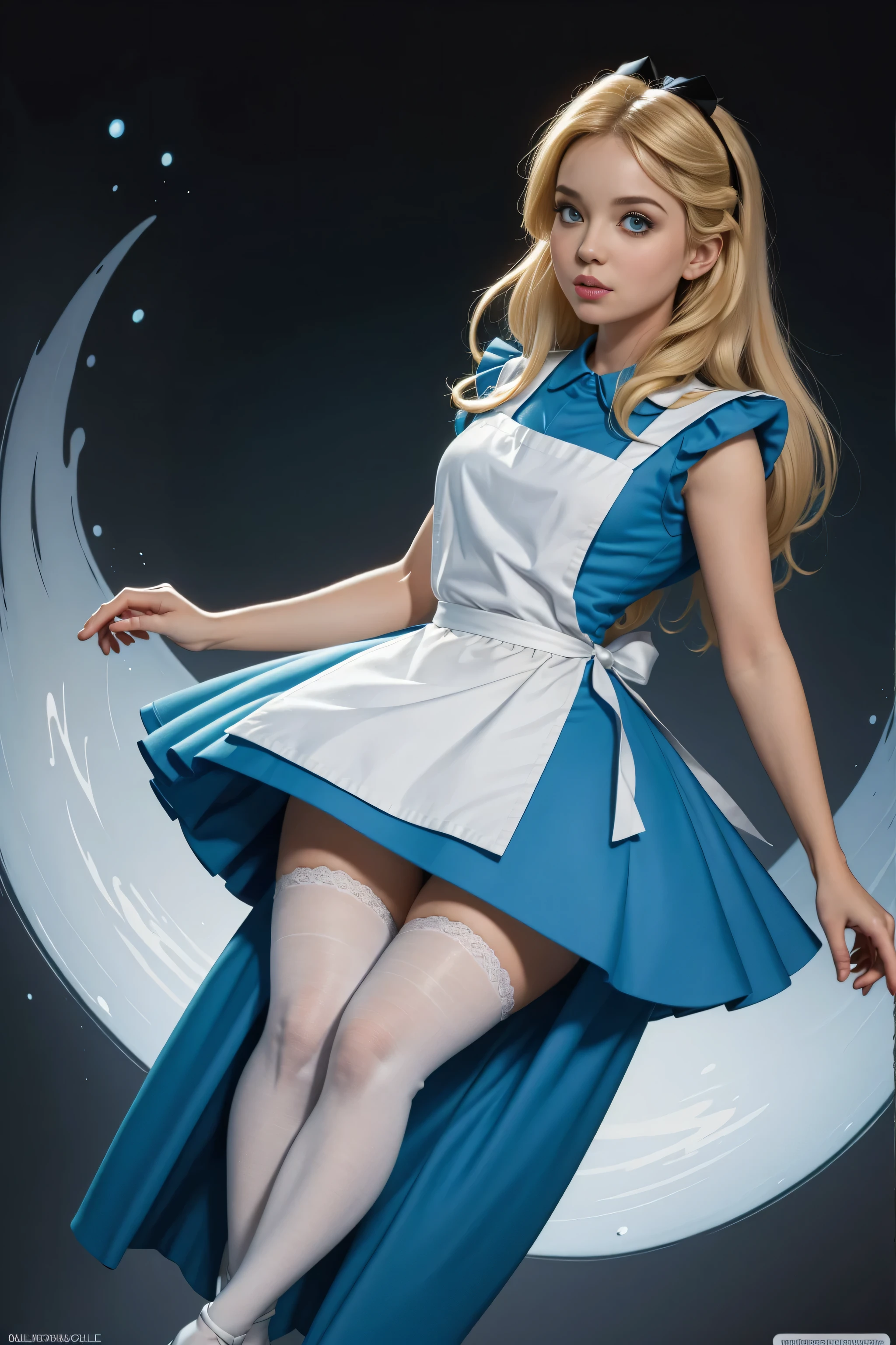 masterpiece, 1girl, solo, a cute Alice in Wonderland with blonde hair, powder blue dress with white apron, (white stockings), dynamic, ultra high def, 32k, (perfect anatomy:1.5), perfect legs, in the style of Artgerm and Adam Hughes, perfect arms,