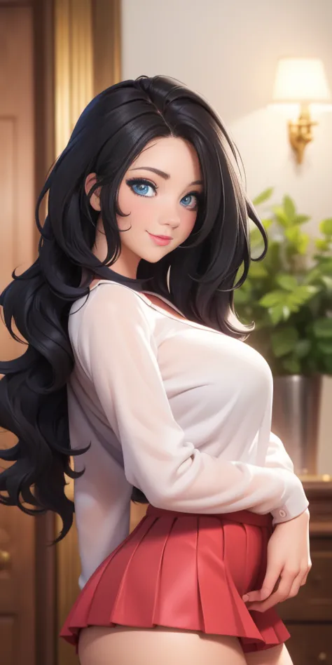 medium round breasts, (1 mature girl), ((black hair: 5.2, long and messy wavy, hair over one eye)))), blue eyes, double eyelids,...