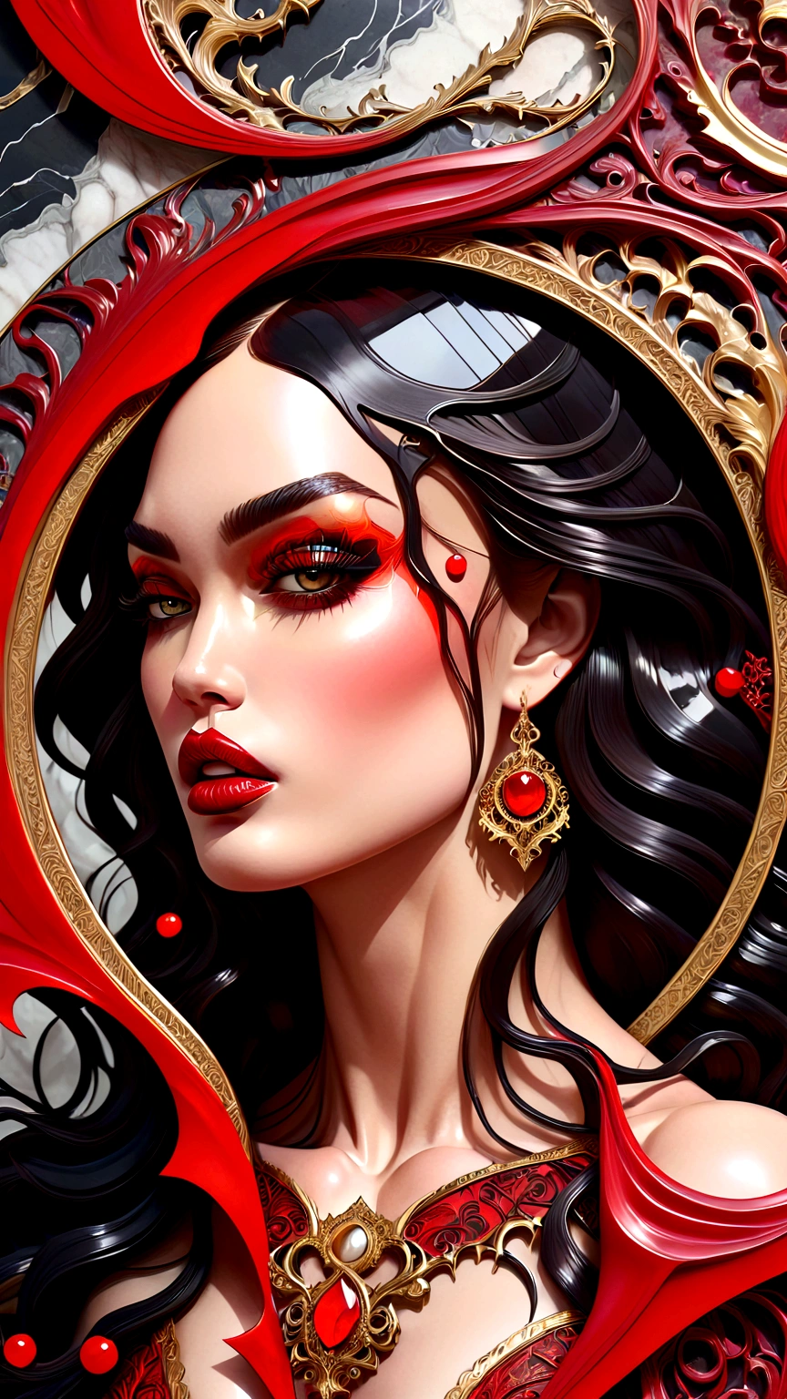 a beautiful illustration of megan fox as a very muscular vampire girl in an abstract marble texture with a tarot style frame, with colors of obsidian black, shiny gold, and ruby red, highly detailed, intricate design, BY Anne Bachelier,