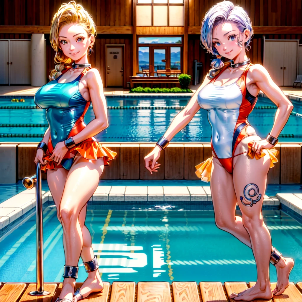 ((CG muy detallado, imagen animada, arte cg))((cara claramente dibujada, tiro de vaquero))((Cara sonriente))(piscina interior), Jessica Alberto (Búsqueda del Dragón), 1 chica, traje de baño competitivo, coletas cortas naranjas, más prismas, Colores vibrantes, postura de pie, cuerpo completo, atractivo