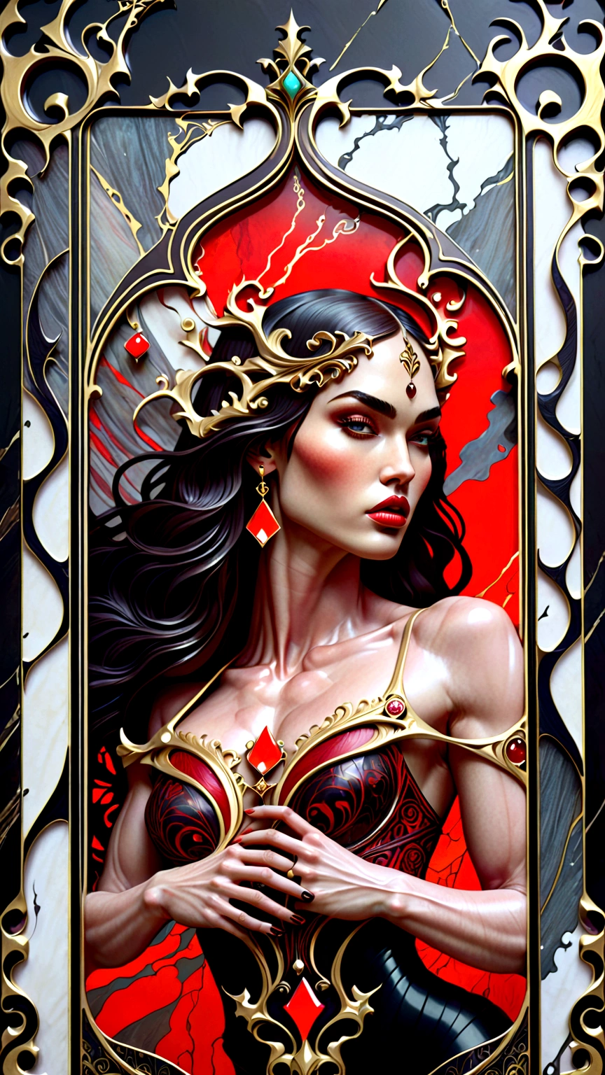 a beautiful illustration of megan fox as a very muscular vampire girl in an abstract marble texture with a tarot style frame, with colors of obsidian black, shiny gold, and ruby red, highly detailed, intricate design, BY Anne Bachelier,