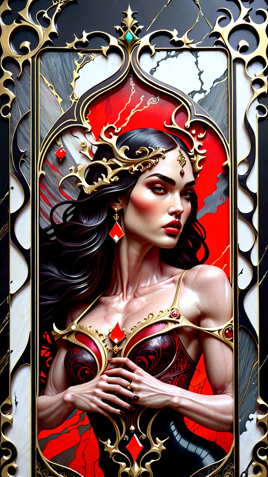 a beautiful illustration of megan fox as a very muscular vampire girl in an abstract marble texture with a tarot style frame, wi...