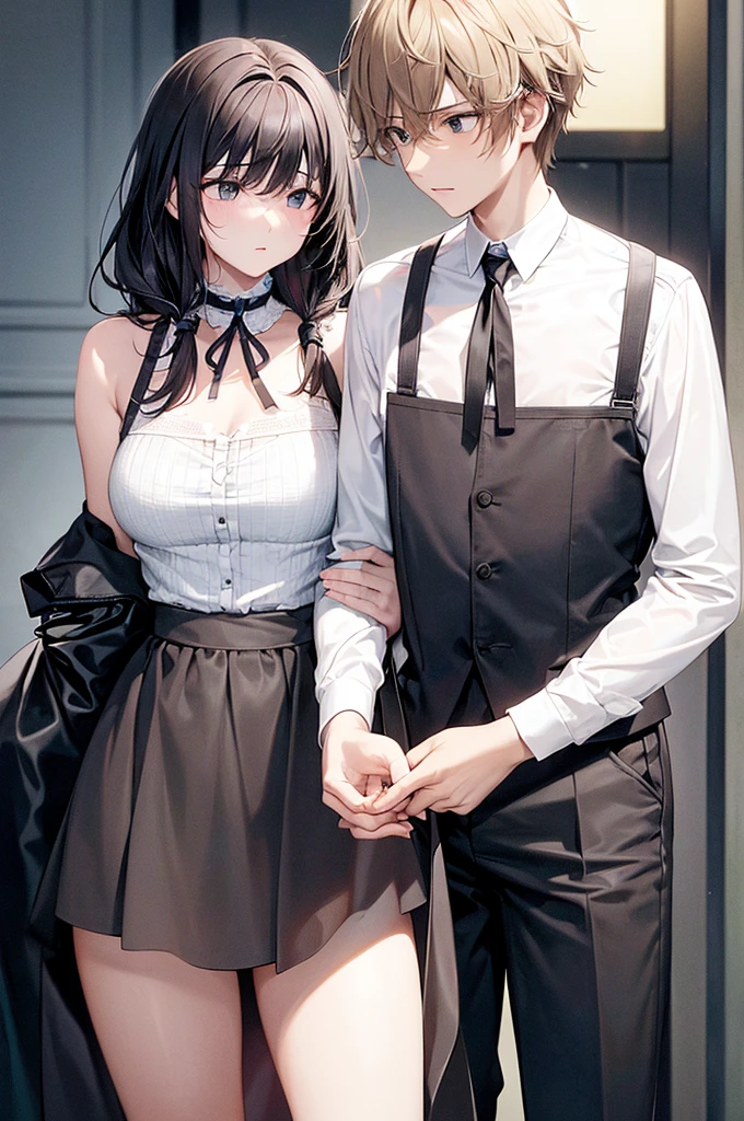 A girl with a leash around her neck, holding the leash with one hand. A boy is behind her, grabbing the leash with a rope in the other hand. They are both dressed casually but elegantly., in a discreet and modern environment. The scene has soft lighting that creates an intimate atmosphere, highlighting the connection between the two characters without being explicit. (Make it a discreet photo to share)