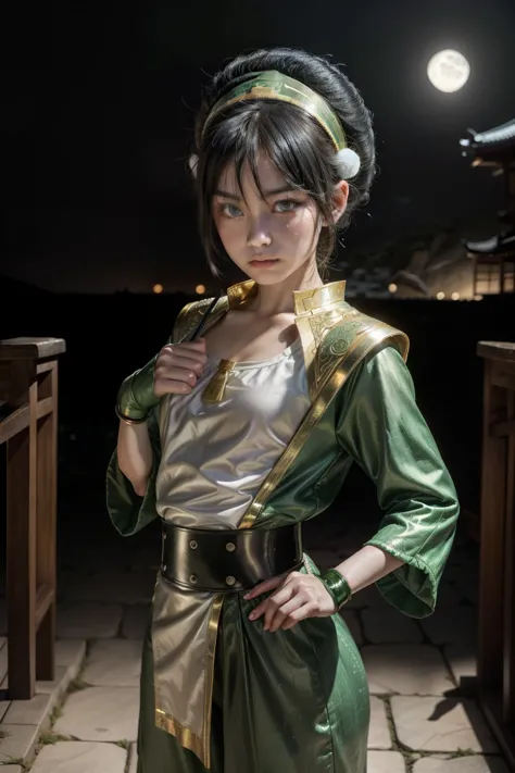 Ultra detailed ,beautiful  , delicada ,Toph beifong , 10 year old  girl ,japonese  girl ,1girl , flat  chest , green  clothes , ...