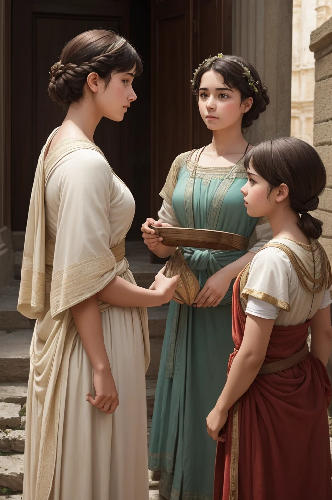 Show this young man talking to three girls,retain the same style as the original image texture and appearance,    the atmosphere of the ancient Greek past, captured in an artistic style similar to that of Alma Tadema. The image, while a realistic visual representation, avoids showing any reference to modern technology. Instead, the scene is portrayed as if it were a classic painting, without the presence of the Canon EOS 5D Mark IV camera used to