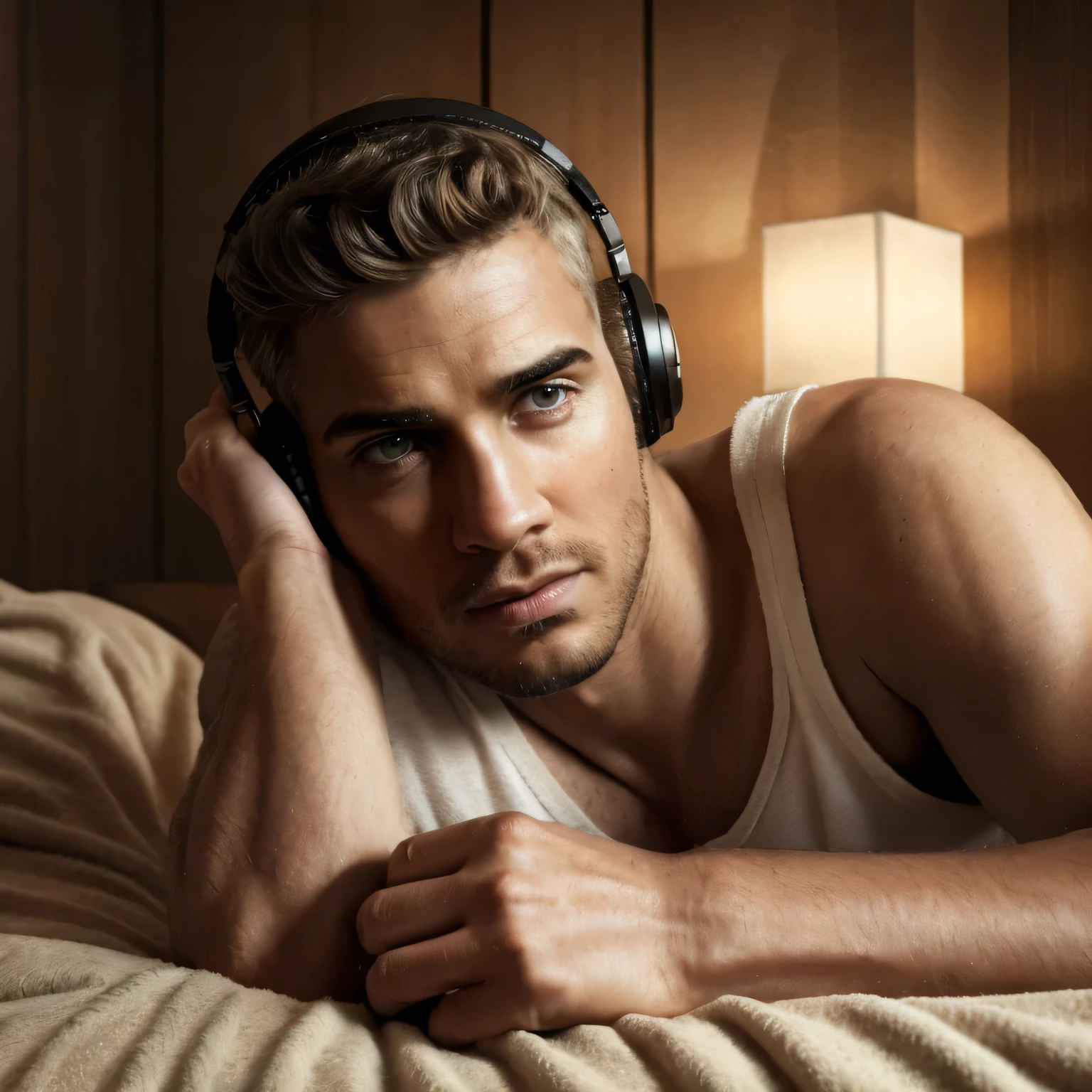 a handsome man lying on the floor, listening to music, feet on the bed, intricate details, photorealistic, cinematic lighting, high resolution, 8k, hyperrealistic, sharp focus, ultra-detailed, extremely detailed, realistic, stunning, dramatic lighting, moody atmosphere, warm tones, cozy room interior, wooden floor, bed with soft sheets, minimalist decor, headphones, focused expression, natural pose, beautiful face, strong jawline, perfect skin, gorgeous eyes, detailed facial features, stubble, wearing a white tank top and plaid boxers,