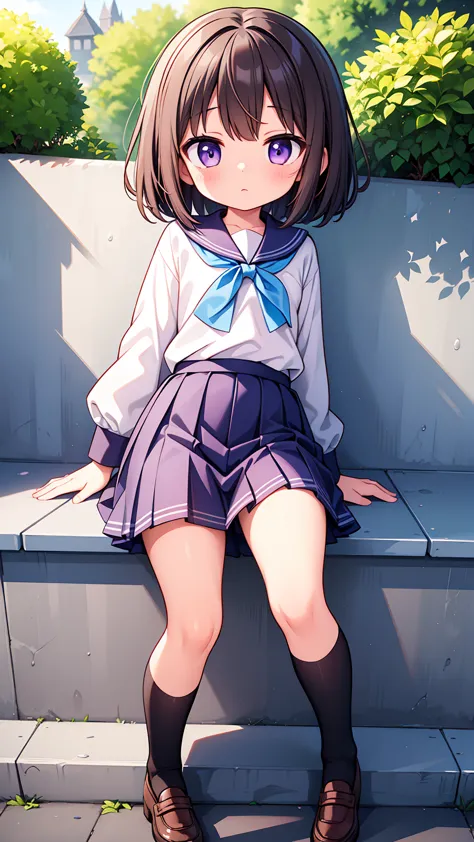 (high quality), (masterpiece), (very detailed), girl, (very small bust), short brown hair, purple eyes, shy face, (primary schoo...