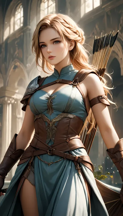 Create a cinematic photo of a female archer with blonde supermodel beauty, standing confidently with her bow and quiver on her b...