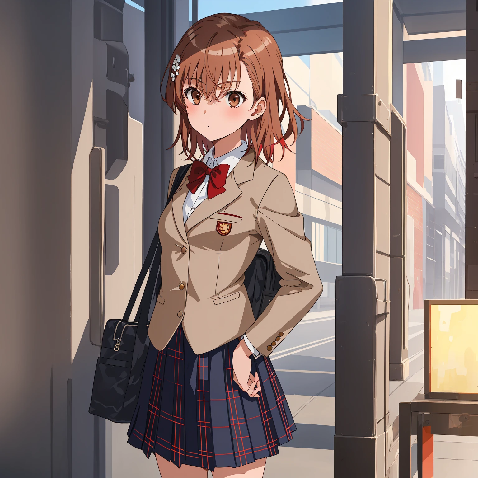 ((Best Quality)), ((masterpiece)), (detailed), 1girl, solo, perfect face, beautiful face, detailed face, perfect eyes, perfect hair, detailed hair, Misaka_mikoto, bowtie, brown jacket, red bow, red bowtie,blazer, bow, pleated skirt, grey skirt, blue plaid skirt with criss-cross lines in black and tan, pleated skirt with black pleats and school style, show face, focus face, face-to-face, facial zoom, Brown eyes, extremely detailed hair