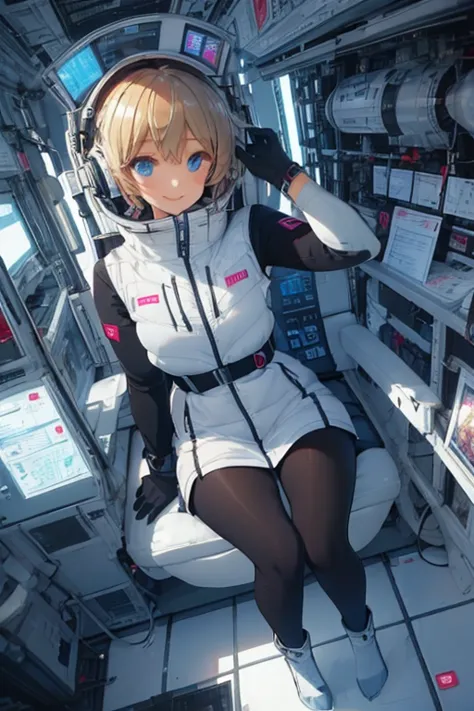 masterpiece, highest quality, high resolution, breasts, 20yo,1 girl,(solo):2,,blonde hair,(inside space station):2,flying:2,floa...