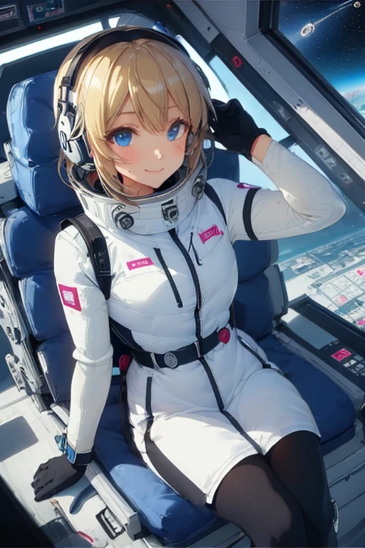 masterpiece, highest quality, high resolution, breasts, 20yo,1 girl,(solo):2,,blonde hair,(inside space station):2,flying:2,floatong:2,zero gravity,wind:1.5,anime lovelive style,

BREAK
headphone,(futurstic tight-fit bodysuit):2,(shiny silver long downvest):100,(northface silver metallic puffy downvest):2,(puffy):2,(black sleeves):5,(black tights):2,(black belt),futuristic boots and gloves,(smartwatch):100,astrovest
BREAK
1 girls, sitting in spacecraft cabin with 4-point seat belt, securely fastened, space station interior, looking out of large windows at Earth below, beautiful eyes, she have aluminum foil pouch,(aluminum foil pouch with plastic viewing window):2, contains nutritious liquid or puree together, smiling and chatting, bright and cheerful expressions, high quality cinematic lighting, detailed textures, sharp focus,blue hair,blue eyes,
