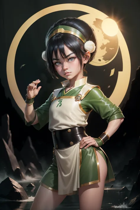 Ultra detailed ,beautiful  , delicada ,Toph beifong , 10 year old  girl ,japonese  girl ,1girl , flat  chest , green  clothes , ...