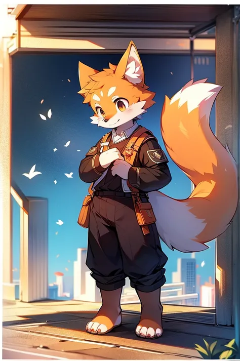  fox motif, boy, uniform,expensive，One person，Stand up on your own feet，expensive，Cityscape，expensive