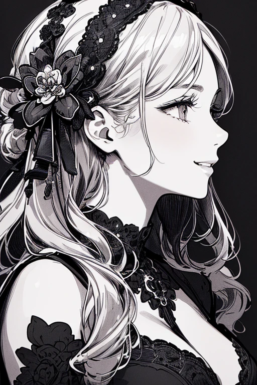 Highest quality, (Background details), High Contrast, Very beautiful woman, Detailed original illustrations、functional、Delicate face、Charm、Active、Cheerful、smile、sexy、Real breasts、Head close-up, Black background, (Black background: 1.5), Beautiful line art、Monochrome