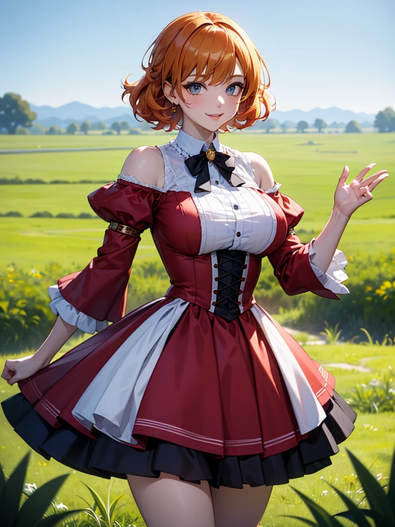 (solo), (red dress), (victorian dress), (smile), pale skin, (pale), outdoors, large breasts, happy, radiant glow, ((cowboy shot)), (holy aura), orange hair, ginger hair, bare shoulders, greenlands, open plains for background