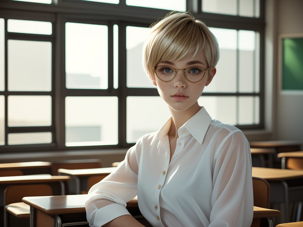 1girl, elegant bearing, small, slender build, short height, narrow shoulders, pale skin dotted by freckles, short platinum blonde hair, (((pixie cut hairstyle))), (((boyish hair))), (dark green eyes), silver glasses, cute facial features with an underlying elegance, thin lips, small breasts, youthful teen girl, RAW photo, ((slim body: 1)), (HQ skin: 1.4), 8k uhd, soft light, high quality, ((school uniform, white dress shirt, gold accents, (looking at viewer:1.4), classroom
