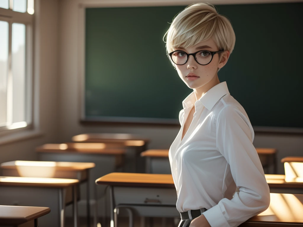 1girl, elegant bearing, small, slender build, short height, narrow shoulders, pale skin dotted by freckles, short platinum blonde hair, (((pixie cut hairstyle))), (((boyish hair))), (dark green eyes), silver glasses, cute facial features with an underlying elegance, thin lips, small breasts, youthful teen girl, RAW photo, ((slim body: 1)), (HQ skin: 1.4), 8k uhd, soft light, high quality, ((school uniform, white button shirt, gold accents, (looking at viewer:1.4), classroom
