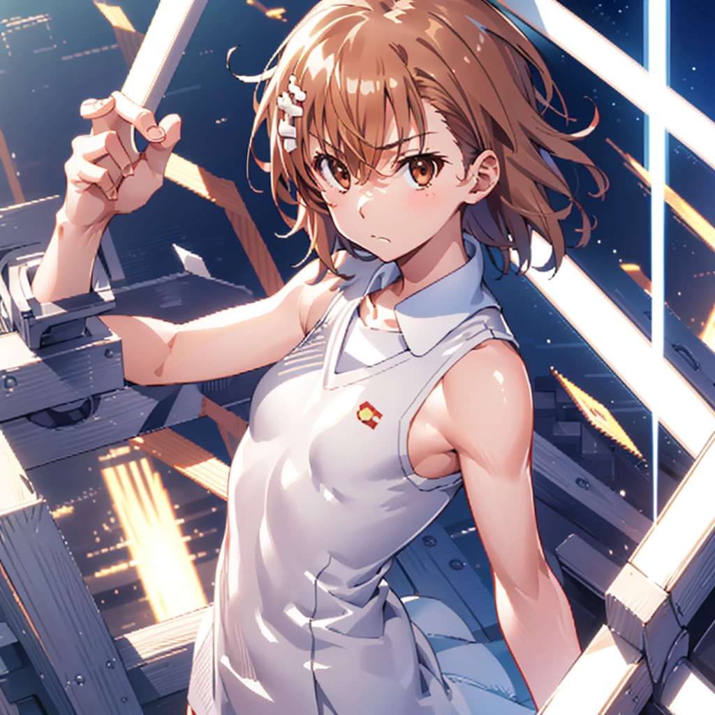 (((pixel-perfect, detail-perfect))), solo, 1girl, misaka mikoto, tokiwadai , bow, looking at viewer, crossed arms, closed mouth, upper body