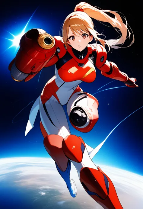 (best quality),female, long hair, ponytail, bangs, power suit,arm cannon,space background,ultra-detailed,sharp focus,aesthetic, ...